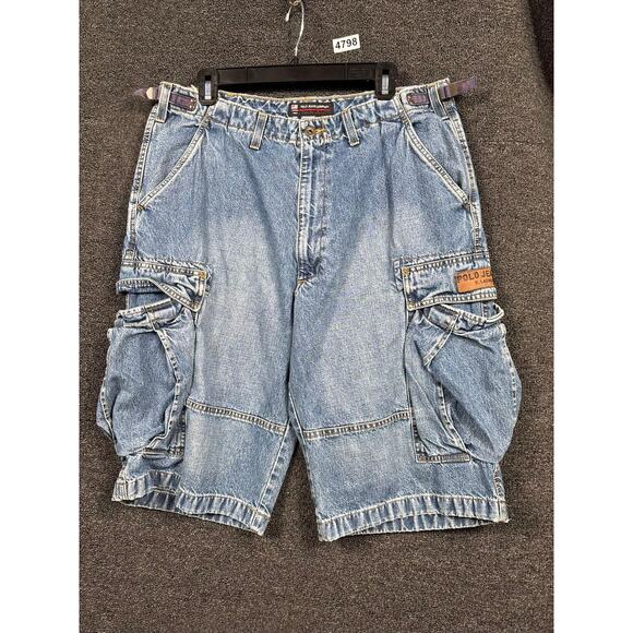 Polo Jeans Co Shorts Mens 34 Blue Denim Patton Cargo Infantry Clip Multi Pocket - Picture 1 of 9